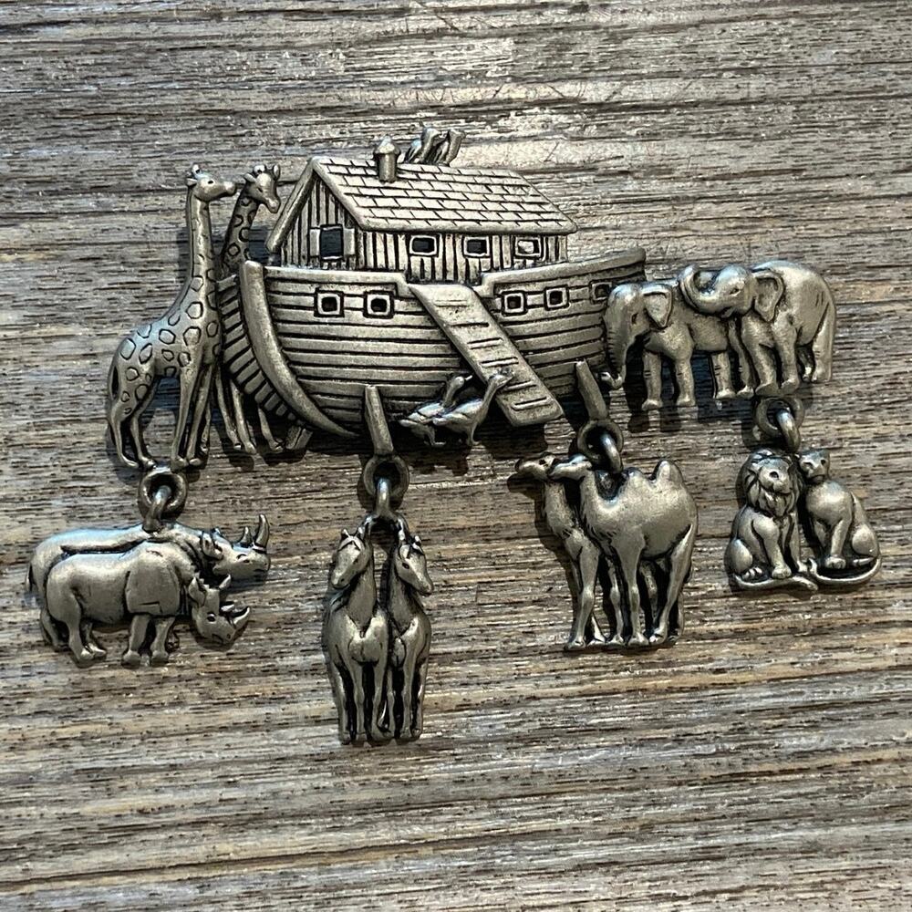 VTG JJ JONETTE NOAH'S ARK ARTICULATED PEWTER Brooch Pin